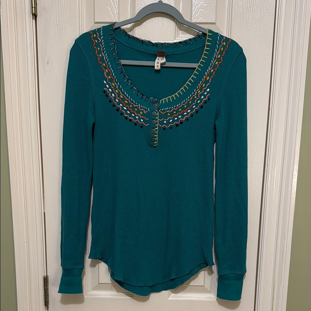 We the Free Teal Embroidered Thermal Henley